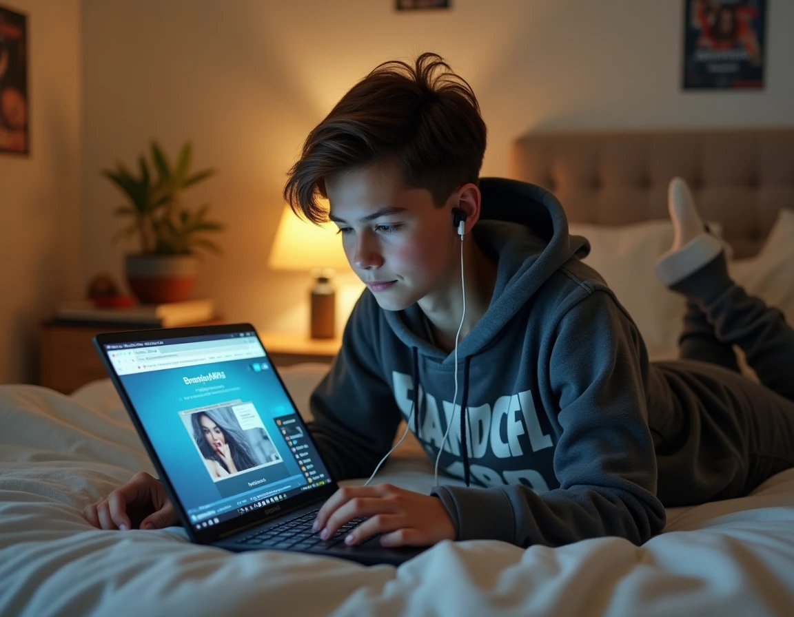 Adolescent allongé sur son lit en train de télécharger de la musique en MP3 depuis YouTube sur son ordinateur portable