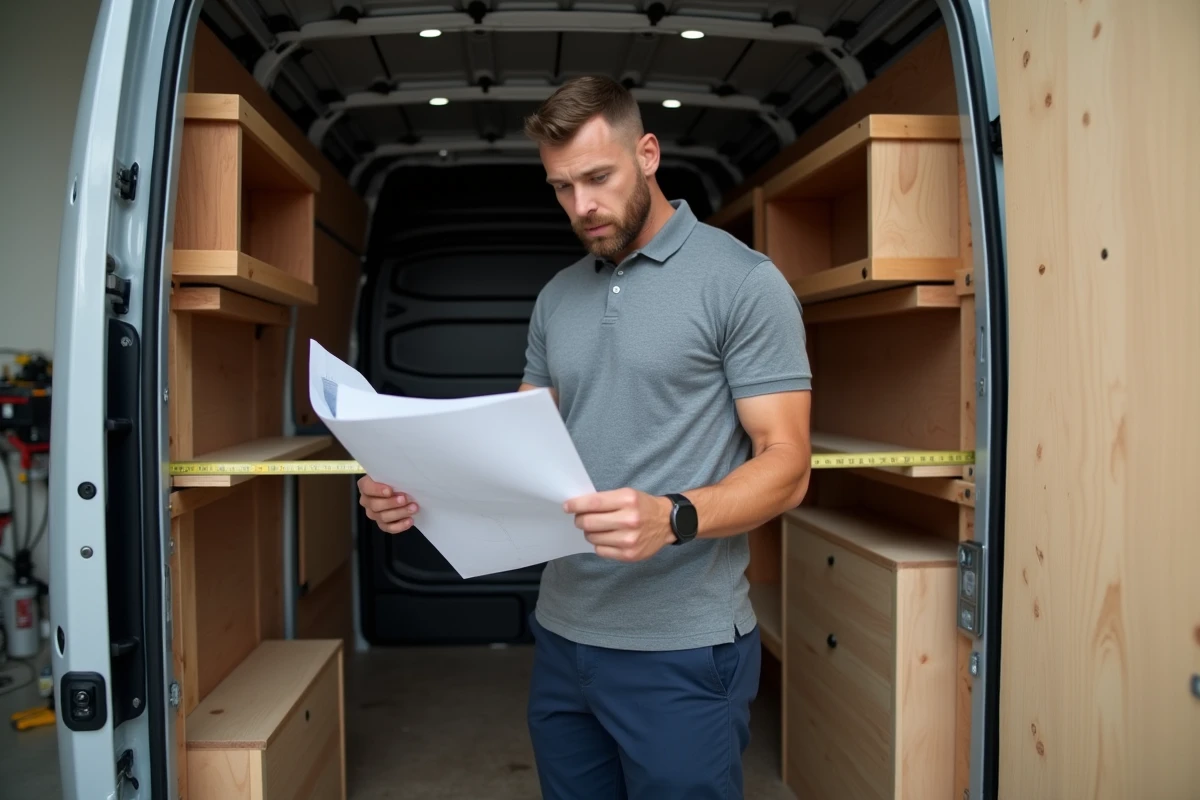 Artisan mesurant l'intérieur aménagé d'un Trafic L2H1 avec plan d'aménagement pour optimiser les dimensions disponibles