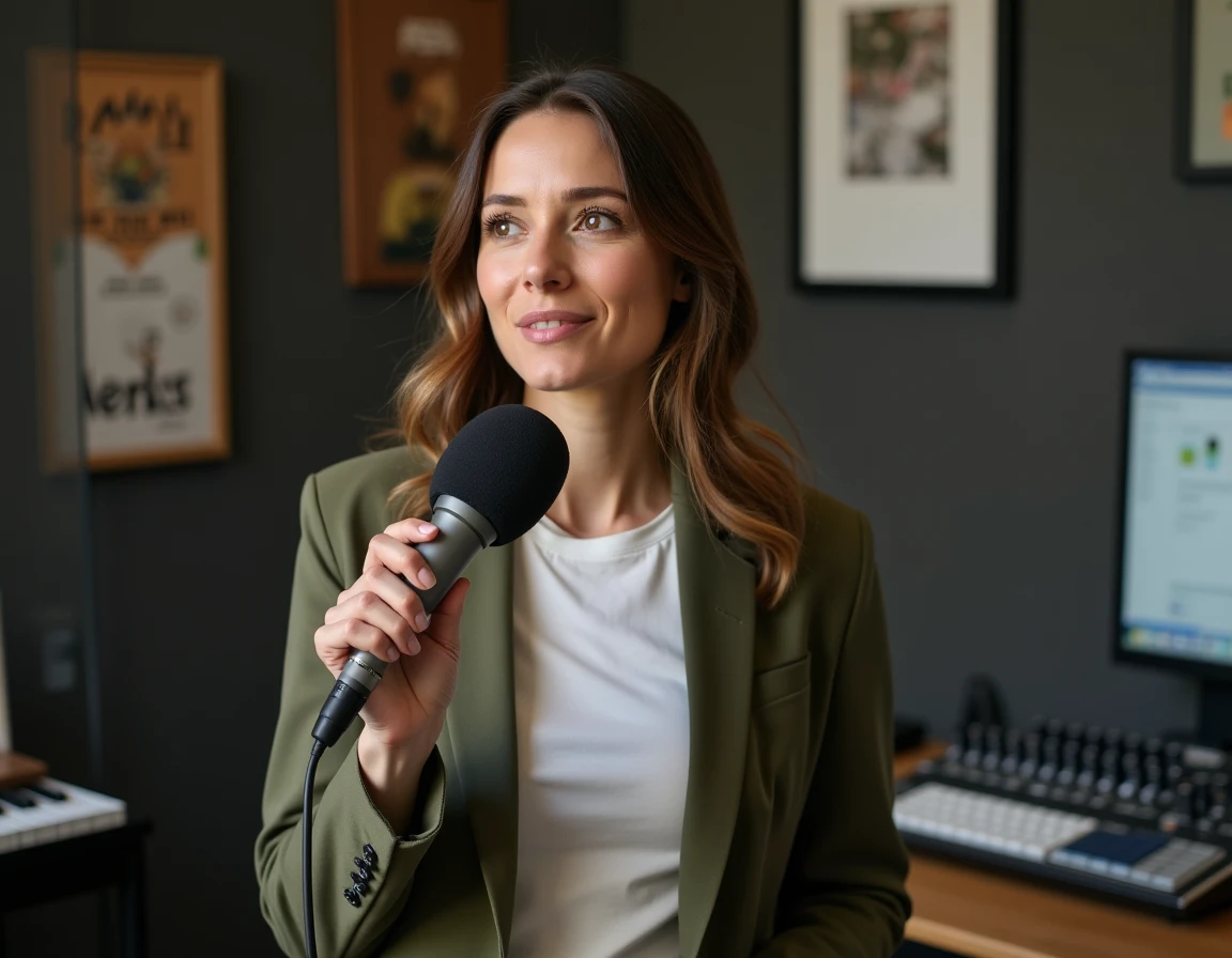 Femme animatrice de podcast en blazer vert olive dans un studio d'enregistrement avec microphone et panneaux acoustiques
