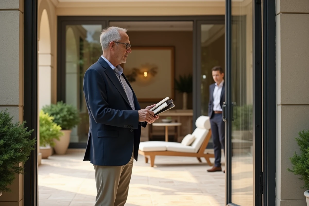 Architecte discutant des échantillons de tomettes avec un client