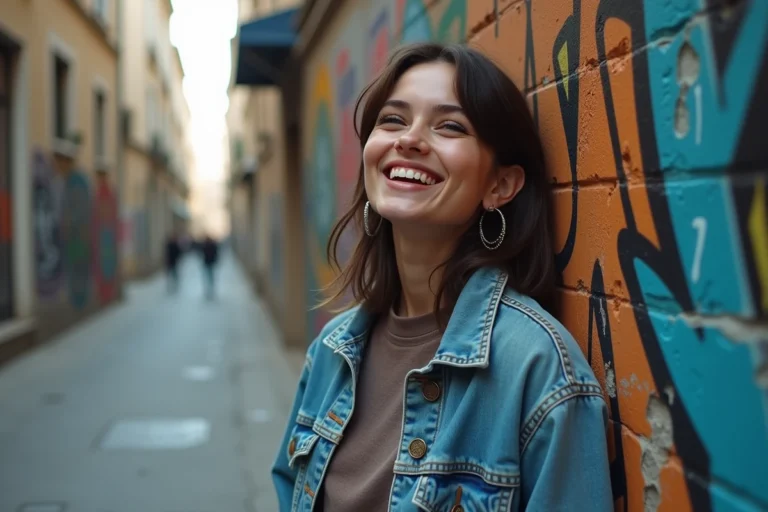 Jeune femme en veste en jean vintage appuyée contre un mur de graffitis urbains, évoquant l'argot et la culture de rue française
