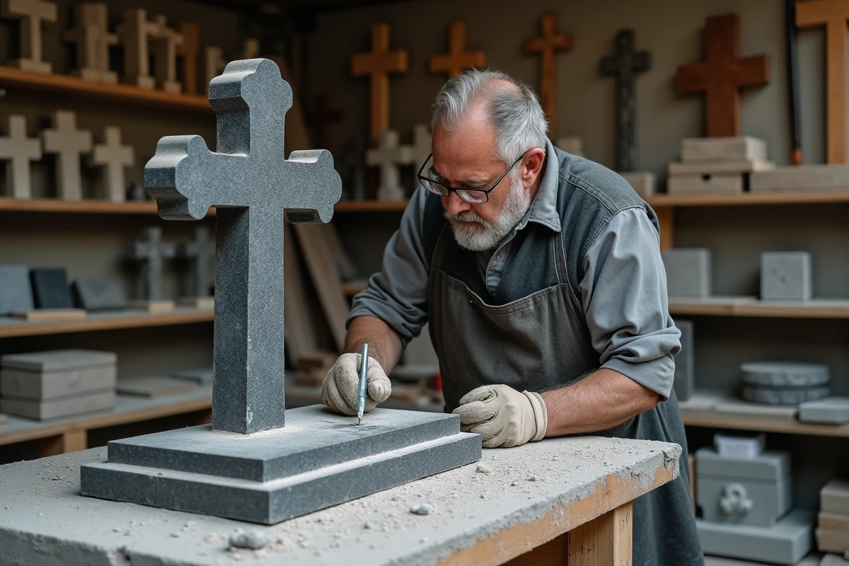 Artisan tailleur de pierre sculptant une croix funéraire en granit gris dans un atelier de marbrerie funéraire
