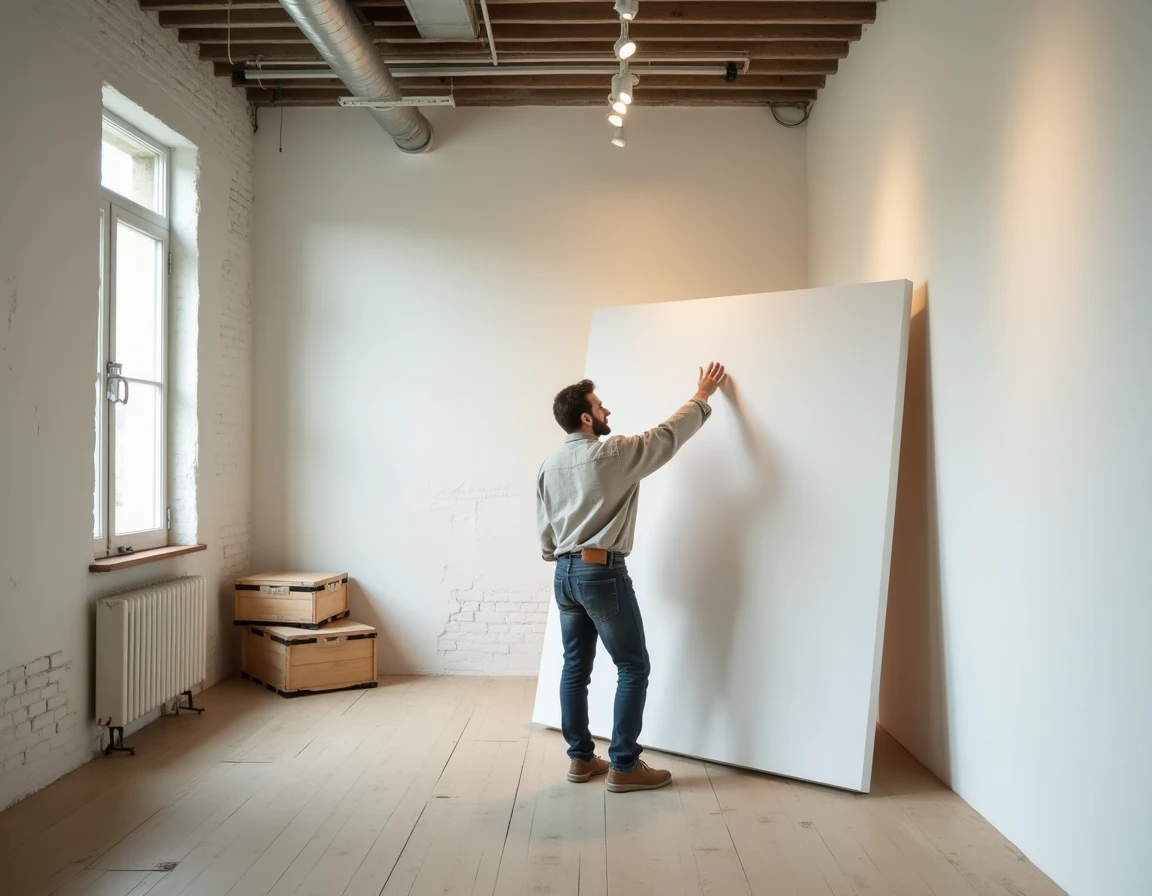 Artiste installant ses œuvres dans une galerie d'art avant une exposition