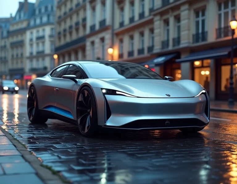Berline électrique concept 2024 garée sur un boulevard parisien sous la pluie, reflets sur les pavés