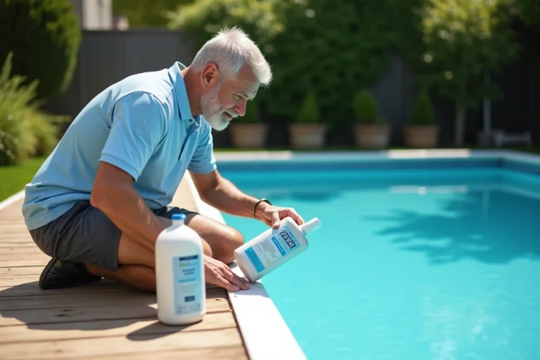 Homme lisant les instructions d'un chlore choc à côté d'une piscine hors-sol avec un diffuseur de chlore lent posé sur le bord