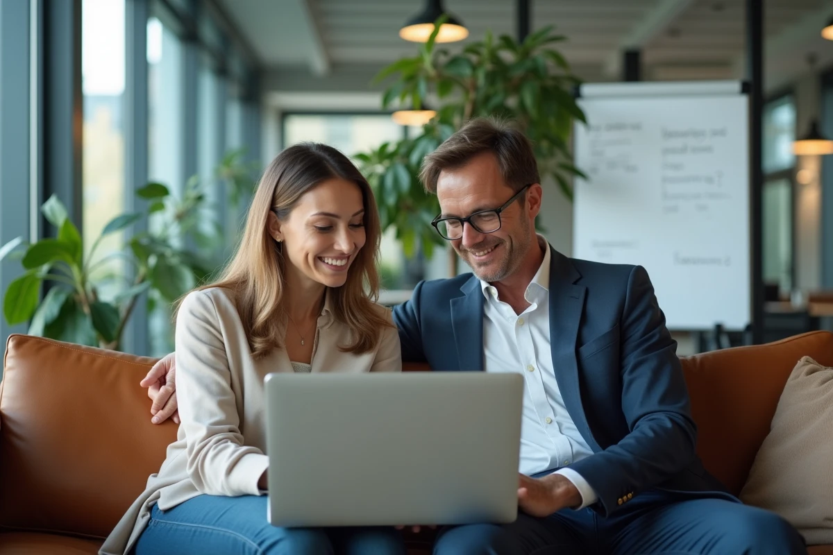 Deux collègues collaborant sur une plateforme de recrutement en ligne pour optimiser un CV dans un bureau moderne