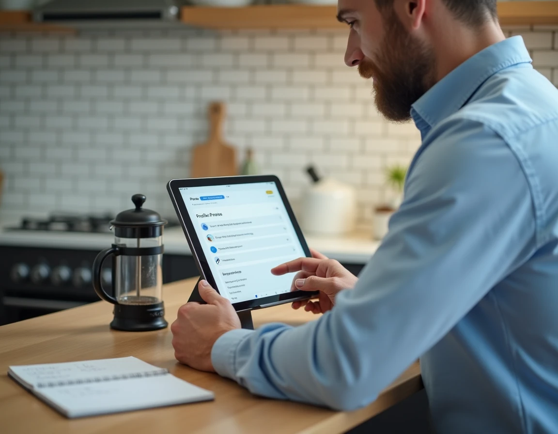 Homme configurant son profil sur une application de gestion quotidienne depuis une tablette dans une cuisine moderne