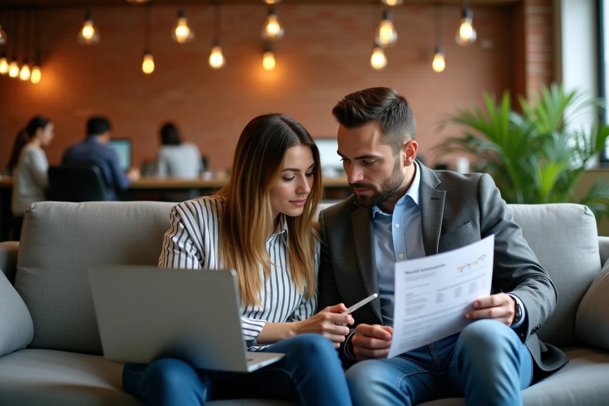 Deux consultants SEO en formation analysant un rapport d'audit de site sur un ordinateur portable dans un espace de coworking