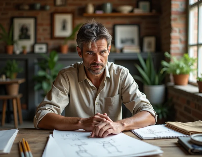 Créateur passionné travaillant dans son atelier familial entouré de croquis et de souvenirs personnels