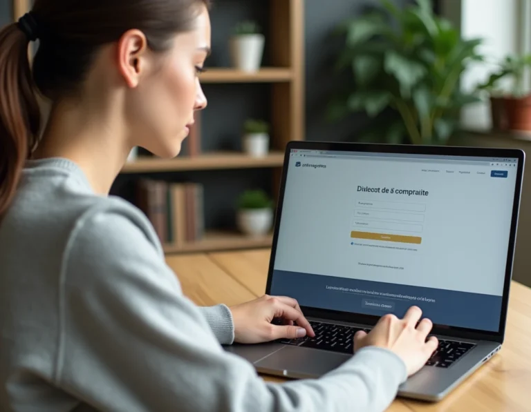 Jeune femme créant un compte en ligne sur un ordinateur portable dans un bureau à domicile organisé