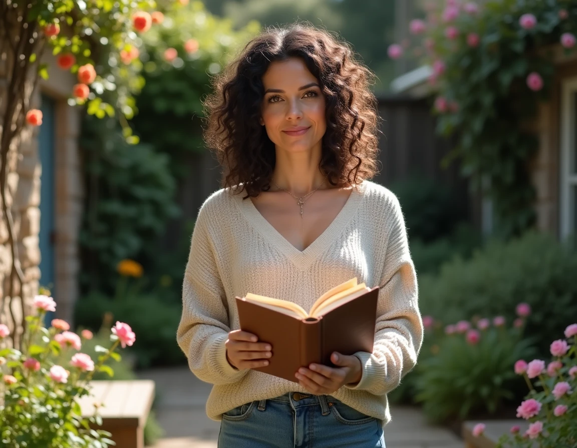 Femme créatrice tenant un journal intime dans un jardin verdoyant reflétant ses inspirations personnelles et familiales