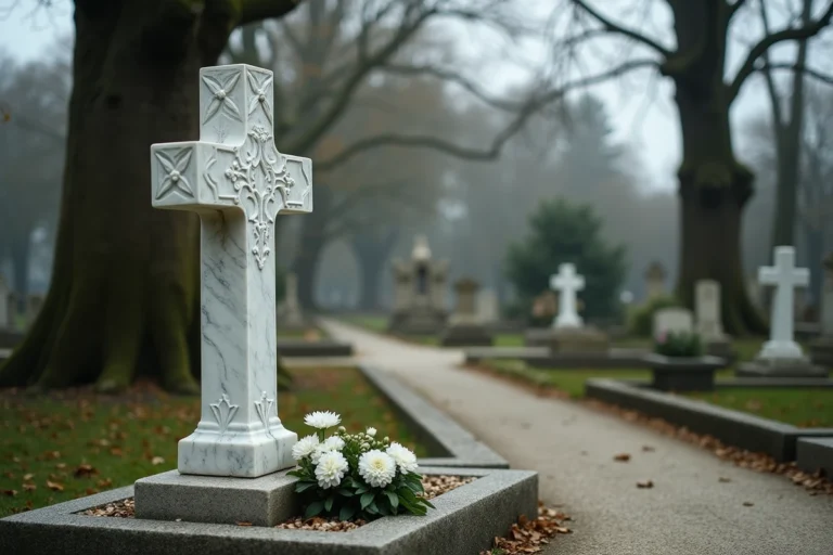 Croix funéraire en marbre blanc avec gravures florales sur une tombe en granit dans un cimetière français