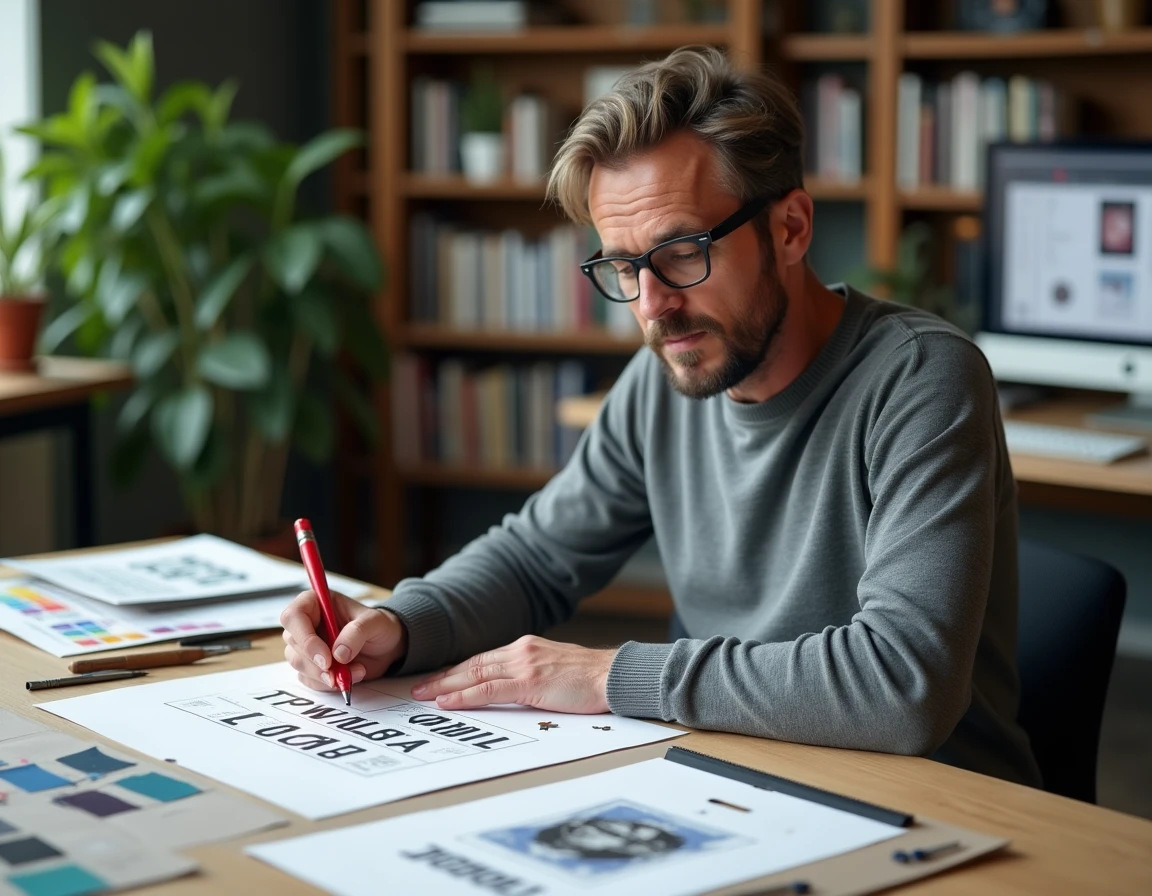 Designer graphique travaillant sur des maquettes d'affiches de sensibilisation dans un studio créatif