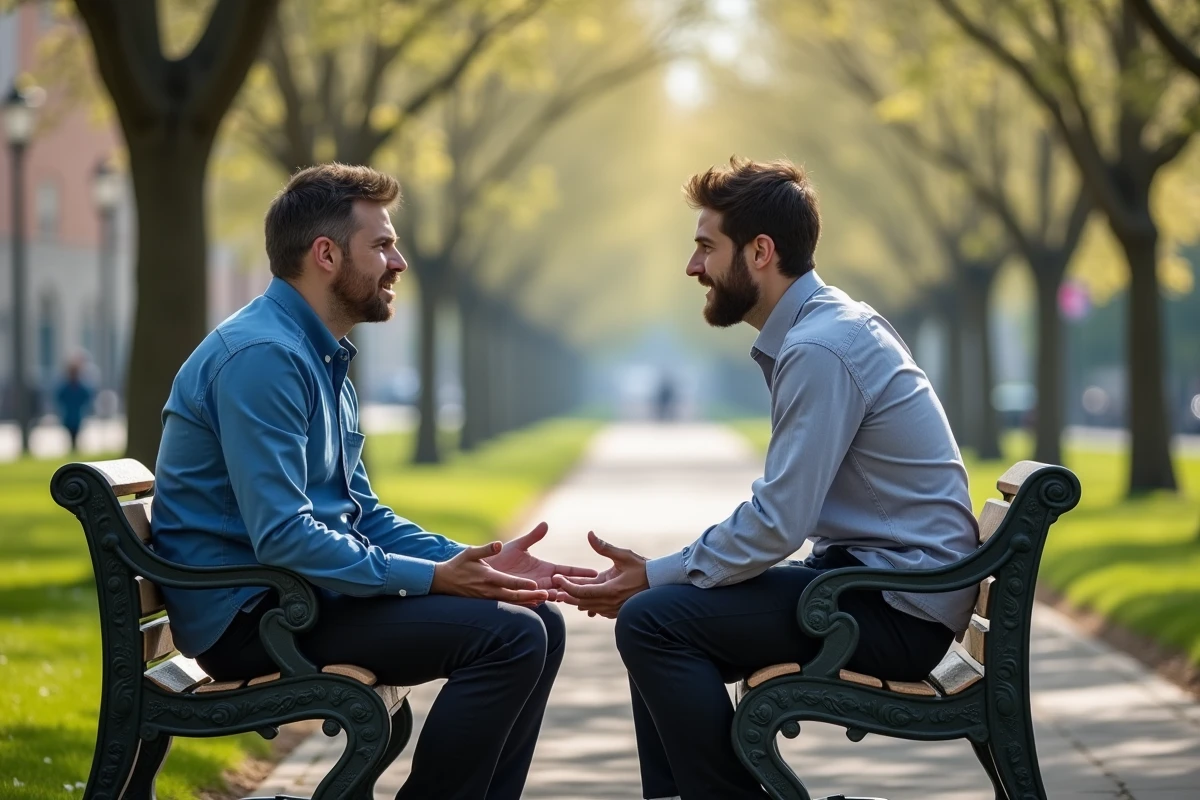 Deux hommes discutant sur un banc dans un parc urbain