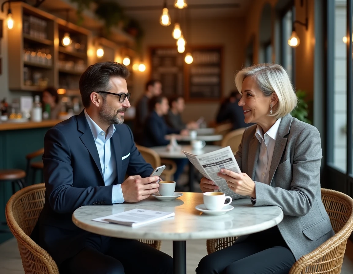 Deux professionnels discutant de l'actualité autour d'une table dans un café parisien avec journaux et smartphones