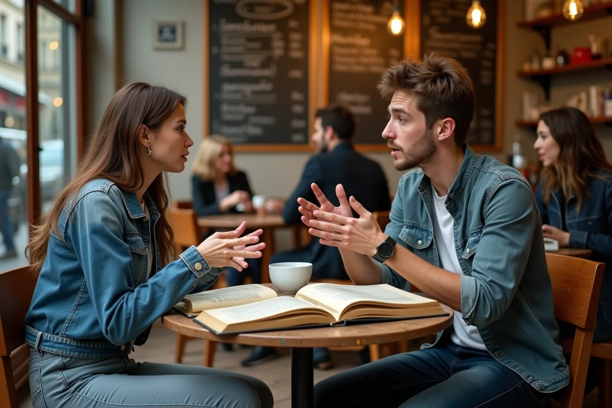 Deux jeunes adultes discutant du langage argotique autour d'un dictionnaire dans un café parisien typique