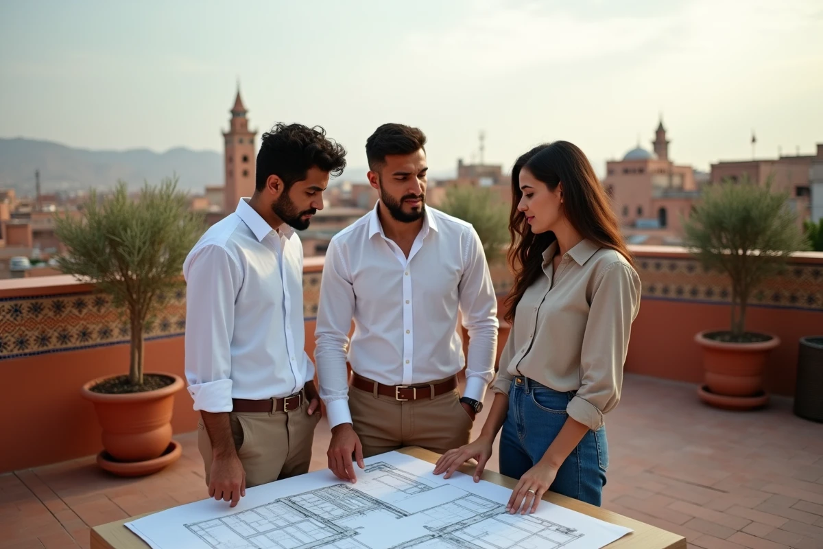 Groupe de jeunes marocains discutant plans sur un toit à Marrakech