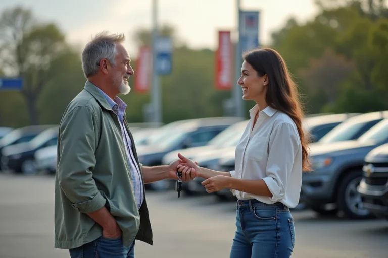 Homme souriant remettant les clés à une femme dans un concessionnaire