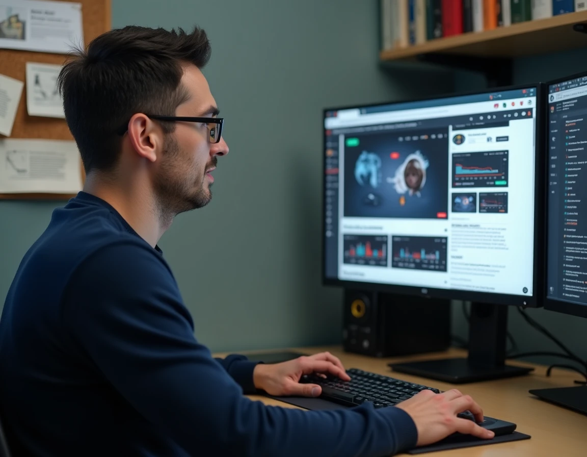 Homme travaillant sur des interfaces de site d'information numérique dans un bureau à domicile organisé
