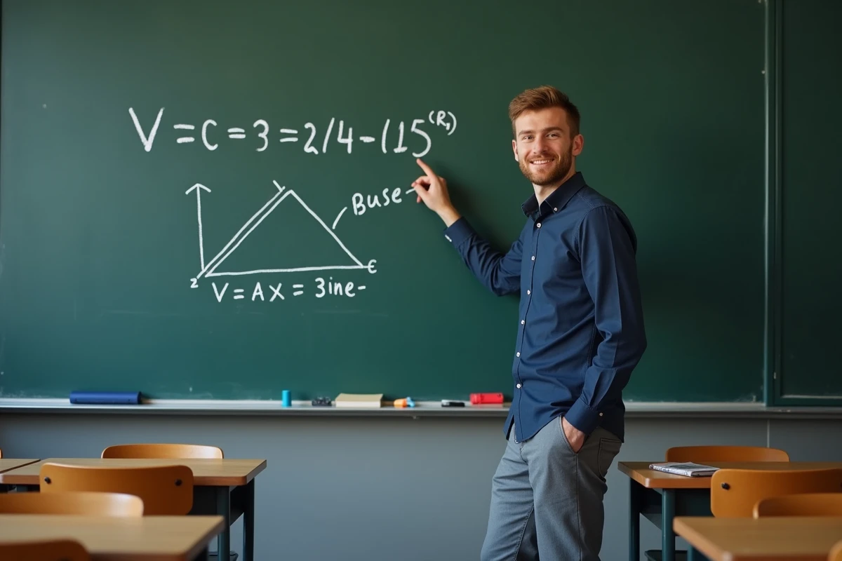 Enseignant expliquant la formule du volume d'une pyramide triangulaire au tableau noir avec des schémas géométriques dessinés à la craie