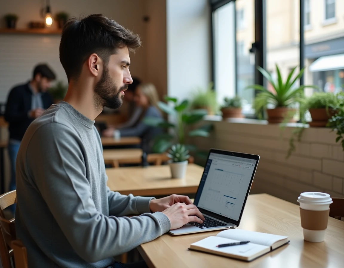 Jeune professionnel travaillant sur une stratégie de contenu pour les réseaux sociaux dans un café moderne