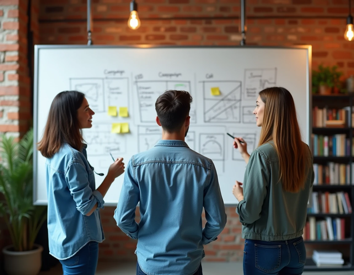 Équipe créative en séance de brainstorming autour d'un tableau blanc pour une stratégie de marketing digital