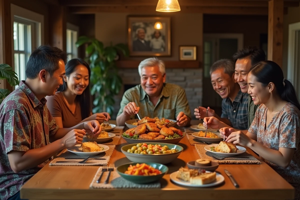 Famille samoane-américaine multigénérationnelle réunie autour d'un repas traditionnel dans une maison aux murs ornés de photos de famille