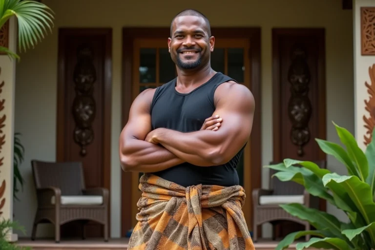 Homme d'origine samoane en tenue traditionnelle devant une maison familiale polynésienne entourée de végétation tropicale