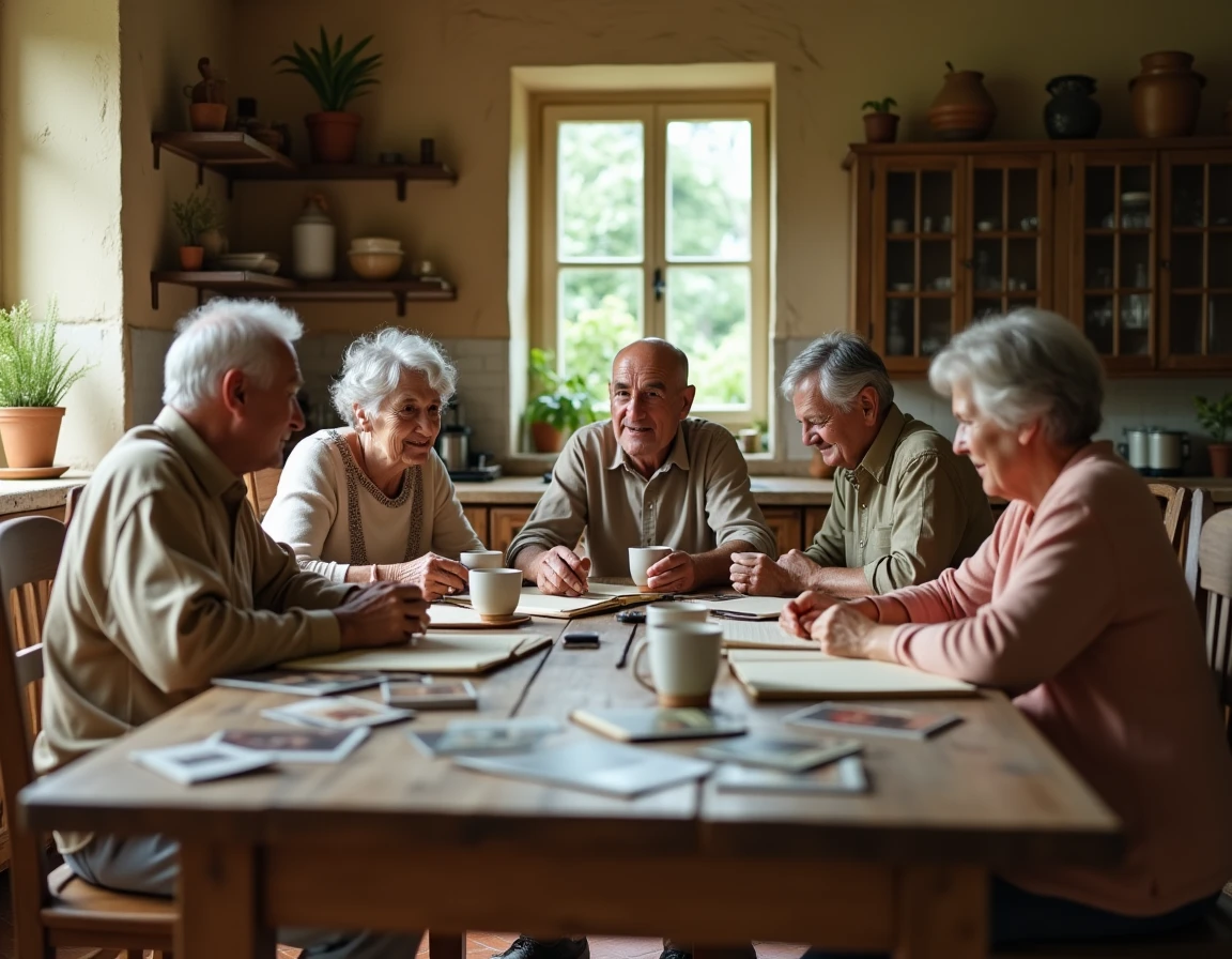 Famille réunie autour d'une table de cuisine rustique partageant l'histoire et les valeurs transmises de génération en génération