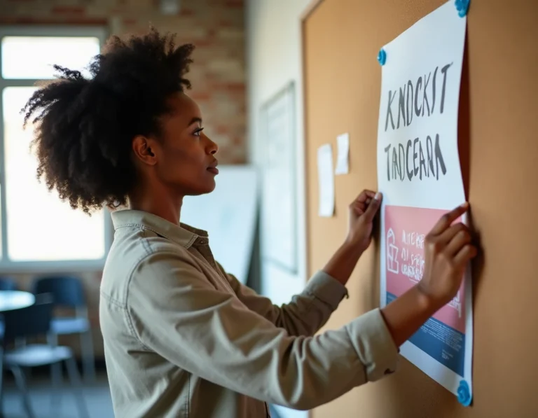 Femme accrochant une affiche de sensibilisation sur un tableau en liège dans un centre communautaire