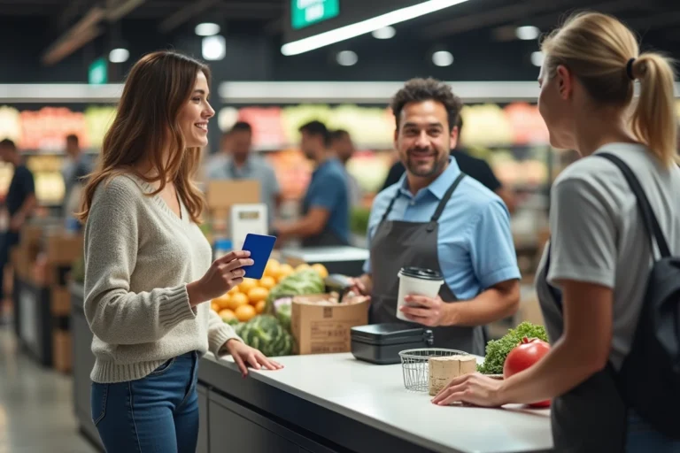 Femme décontractée payant avec une carte au supermarche