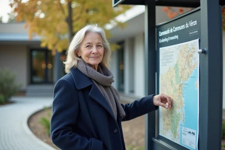 Femme d'âge moyen avec manteau bleu à l'extérieur du centre communautaire