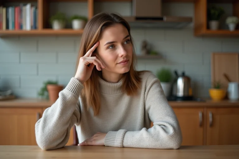 Femme concentrée assise à la cuisine avec un pull beige