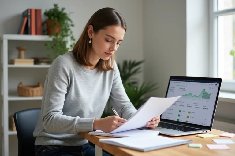 Femme consultant SEO en formation en ligne prenant des notes devant un tableau de bord analytique sur son ordinateur portable à domicile