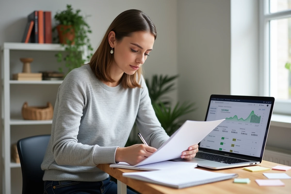 Femme consultant SEO en formation en ligne prenant des notes devant un tableau de bord analytique sur son ordinateur portable à domicile