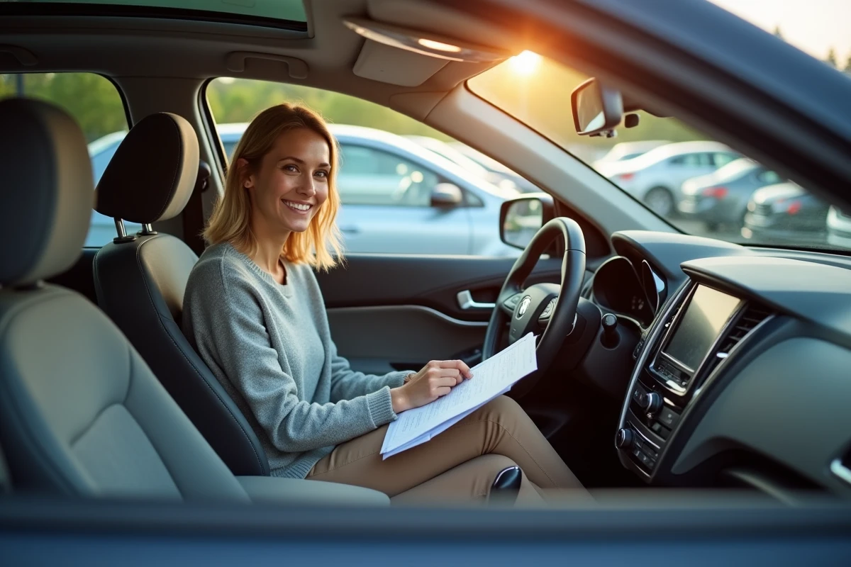 Femme examinant les papiers dans la voiture avec un vendeur