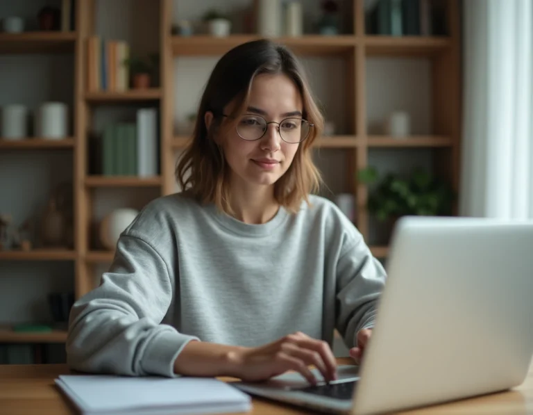 Jeune femme utilisant un convertisseur YouTube MP3 sur son ordinateur portable à son bureau à domicile