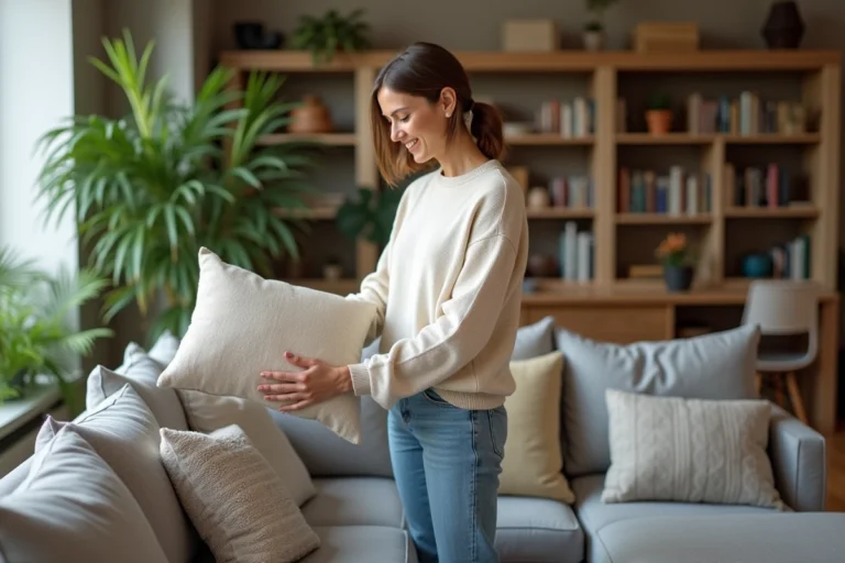 Femme arrangeant des coussins dans un salon lumineux