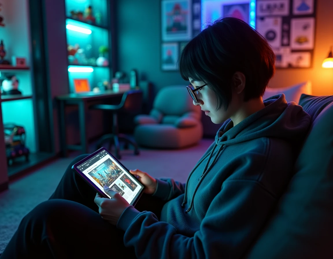 Femme geek lisant les tendances web sur tablette dans un salon gaming décoré de figurines et d'affiches vintage