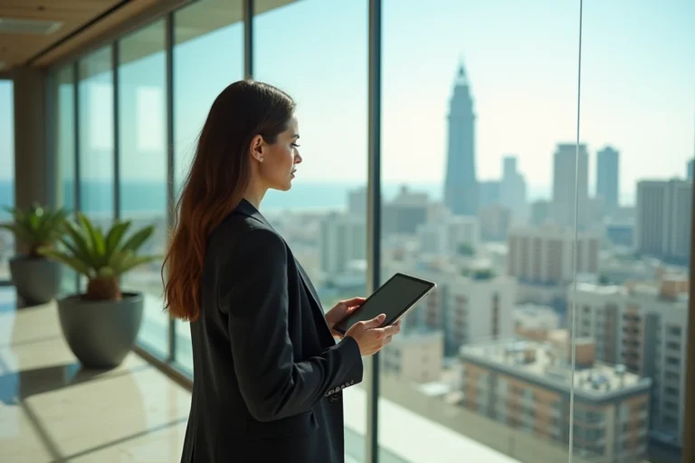 Femme d affaires marocaine avec tablette face a la skyline de Casablanca