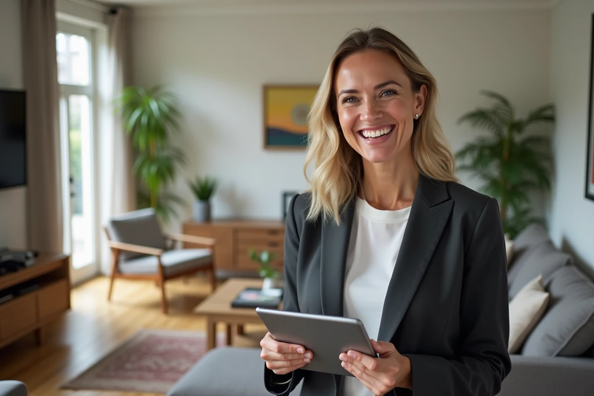 Femme souriante tenant une tablette avec annonces immobilières