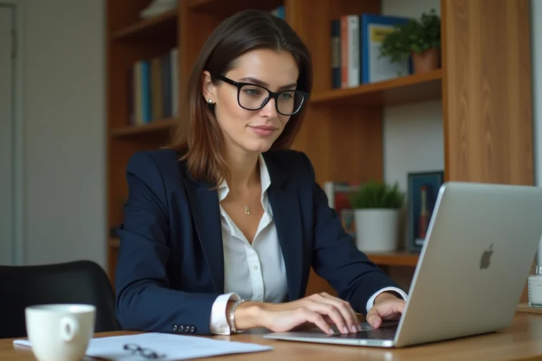 Femme professionnelle consultant une plateforme de recrutement en ligne sur son ordinateur portable dans un bureau à domicile moderne