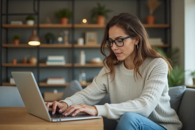 Femme en sweater regardant ses confirmations de voyage
