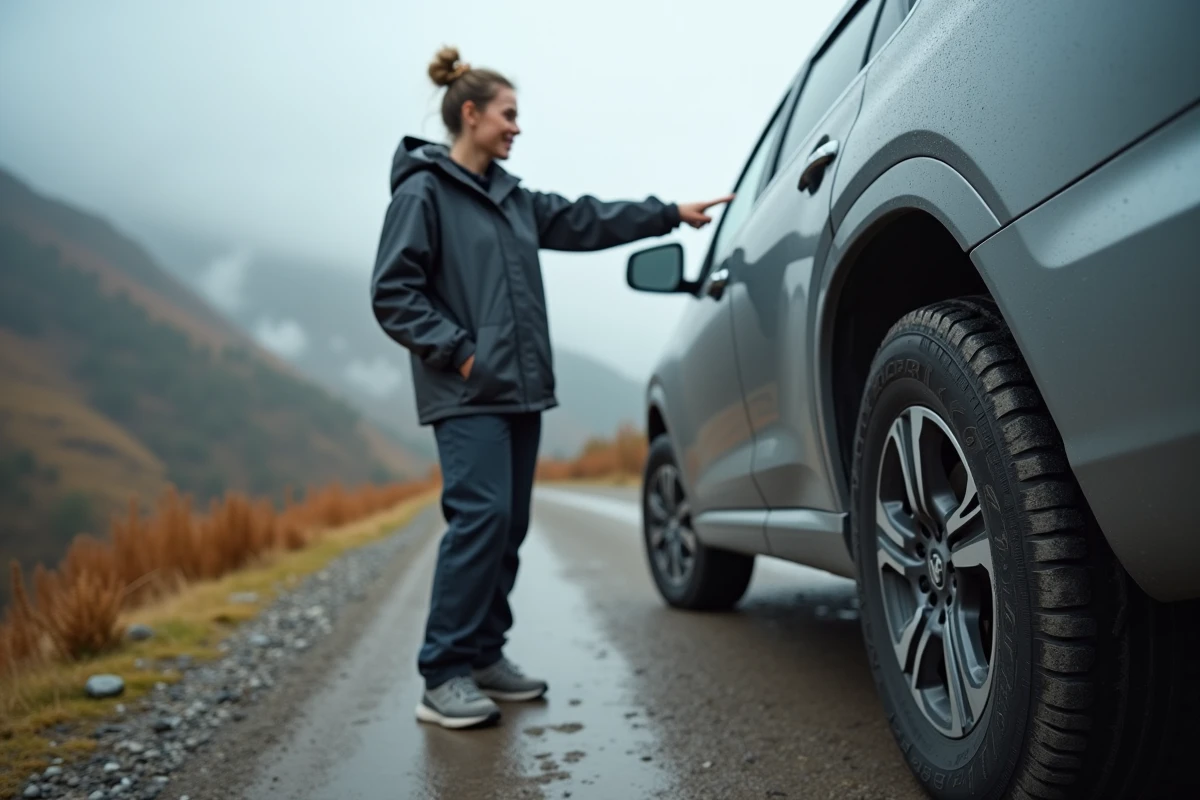 Jeune femme pointant un pneu M+S d