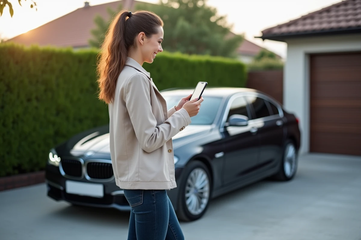 Jeune femme souriante utilisant un service auto en extérieur