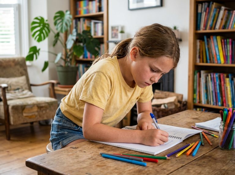 Jeune fille de 10 ans écrivant dans un cahier à la maison