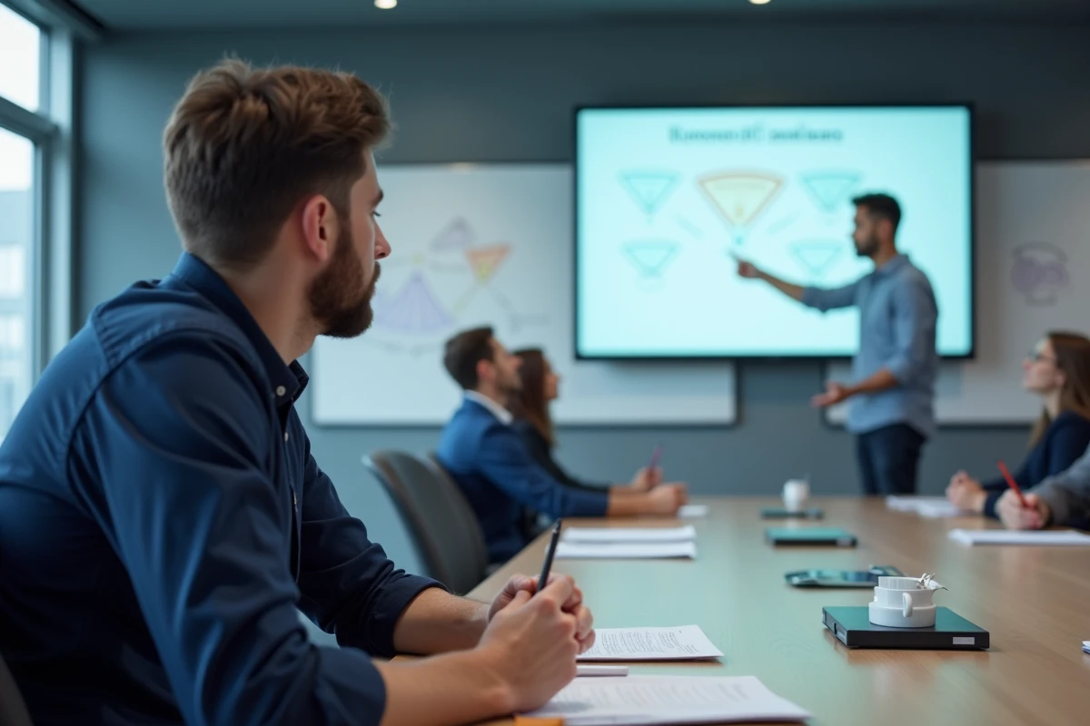 Stagiaire consultant SEO attentif lors d'une session de formation présentielle dans une salle de conférence professionnelle