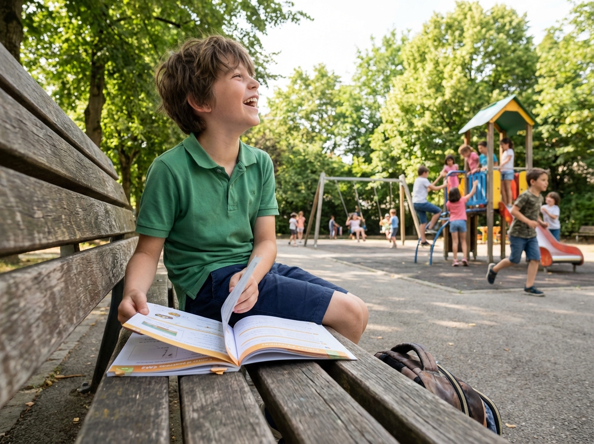 Garçon de 10 ans riant dans un parc avec un cahier