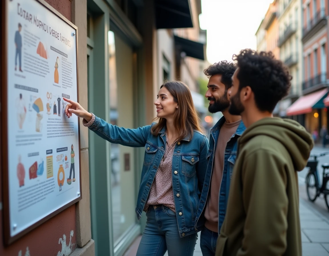 Groupe de jeunes adultes analysant une affiche de sensibilisation collée sur un mur urbain