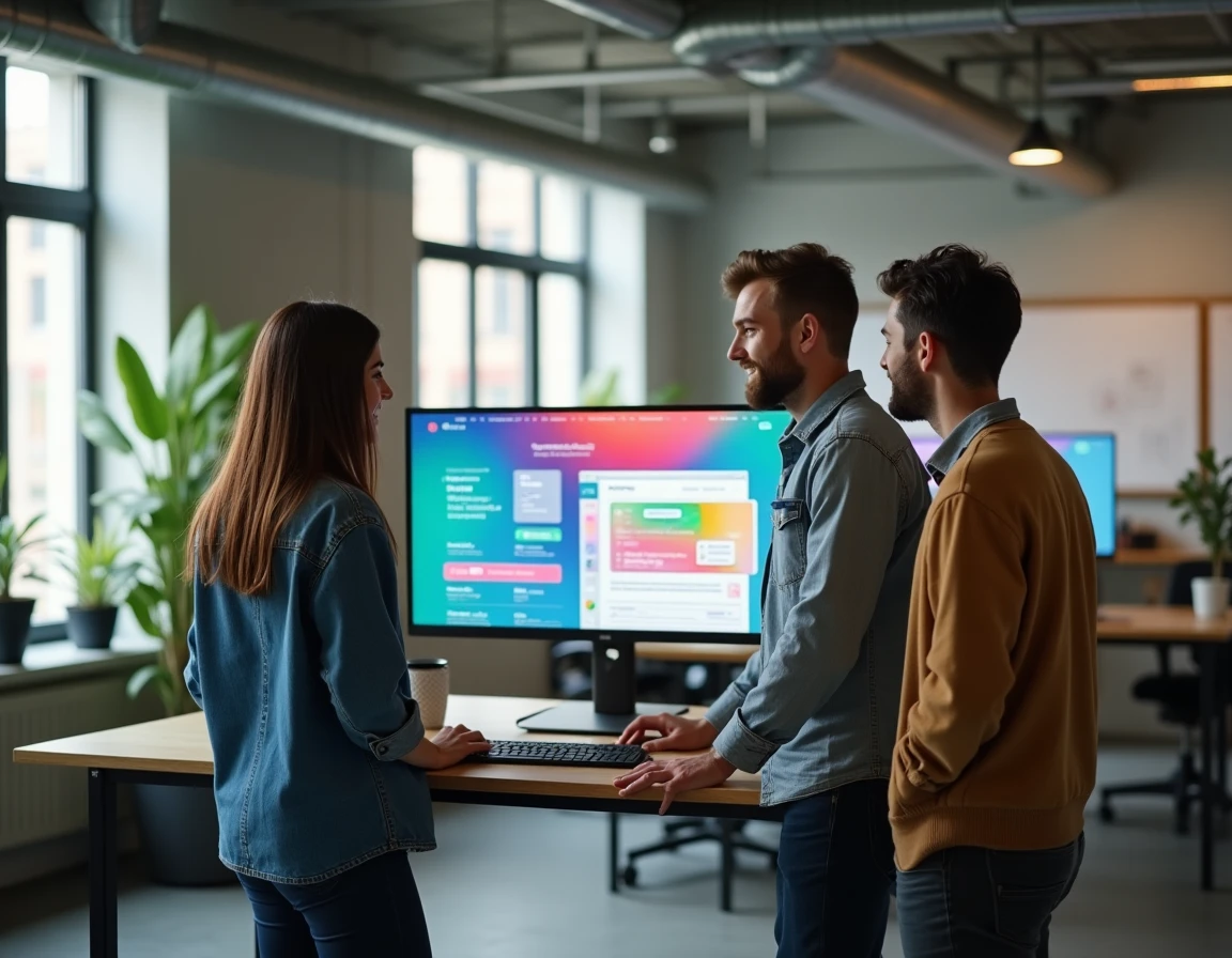 Groupe de jeunes professionnels discutant des dernières tendances web et high-tech dans un espace de travail moderne de startup